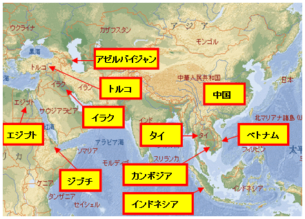 2003�N12���ȍ~�AH5N1�^���C���t���G���U�q�g���҂��񍐂���Ă��鍑�̐}