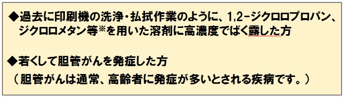 ◆過去に印刷機の洗浄・払拭作業のように、1,2-ジクロロプロパン、ジクロロメタン等※を用いた溶剤に高濃度でばく露した方◆若くして胆管がんを発症した方(胆管がんは通常、高齢者に発症が多いとされる疾病です。)