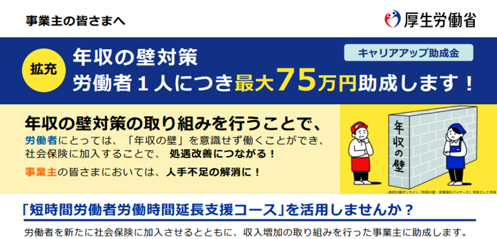 事業主の皆さまへ 「短時間労働者労働時間延長支援コース」を活用しませんか？ 労働者を新たに社会保険に加入させるとともに、収入増加の取り組みを行った事業主に助成します。  年収の壁対策として労働者１人につき最大75万円助成します。 年収の壁対策の取り組みを行うことで、労働者にとっては、年収の壁を意識せず働くことができ、社会保険に加入することで、処遇改善につながります。 事業主の皆さまにおいては、人手不足の解消につながります。