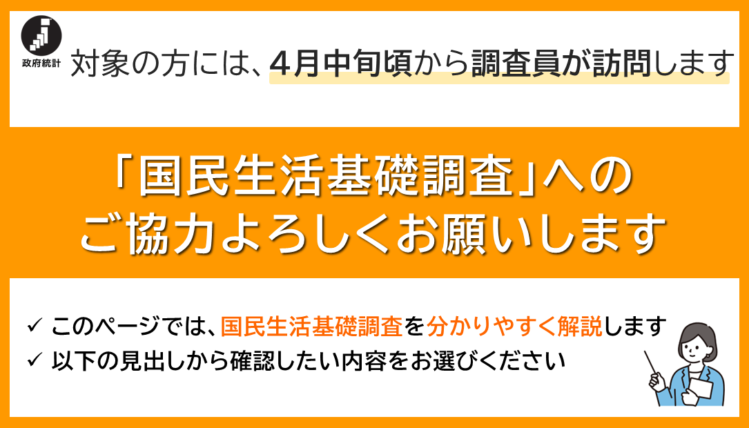 対象の方には、４月中旬頃から調査員が訪問します。「国民生活基礎調査」へのご協力よろしくお願いします。このページでは、国民生活基礎調査を分かりやすく解説します。以下の見出しから確認したい内容をお選びください。