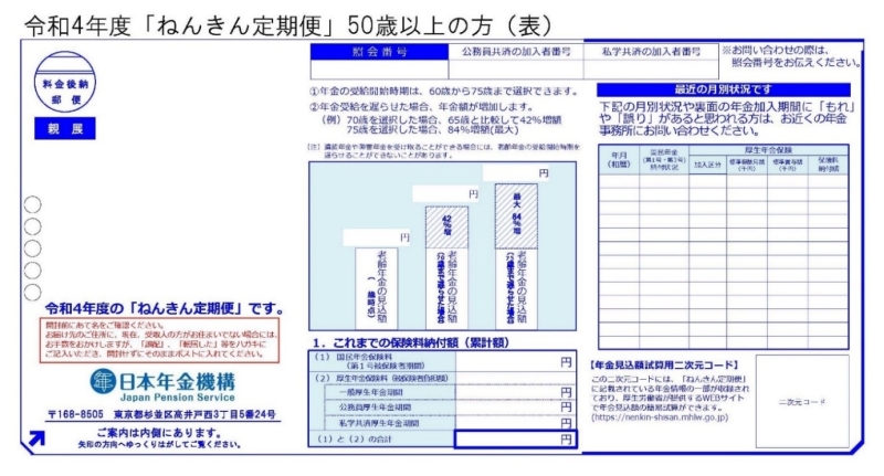 （参考）50歳以上の方に送付する「ねんきん定期便」の様式（サンプル）（令和4年度送付分）