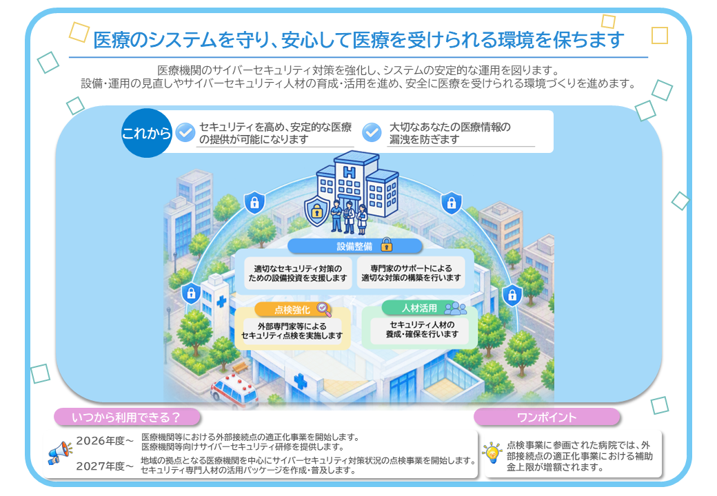 医療のシステムを守り、安心して医療を受けられる環境を保ちます。今後は、セキュリティを高め、安定的な医療の提供が可能になります。また、大切なあなたの医療情報の 漏洩を防ぎます。