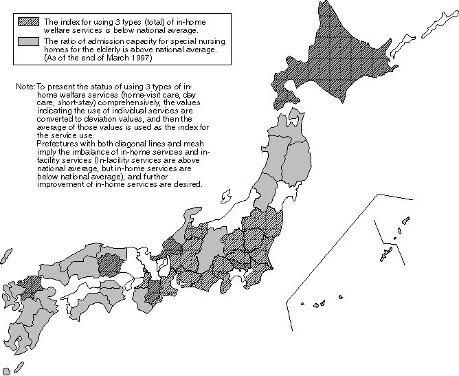 Fiscal 1997 Edition of the Service Usage Map for Health and Welfare Services for the Elderly (Health and Welfare Service Map for the Elderly) - Use of In-home Welfare Services and the Ratio of Admission Capacity for Special Nursing Homes for the Elderly -