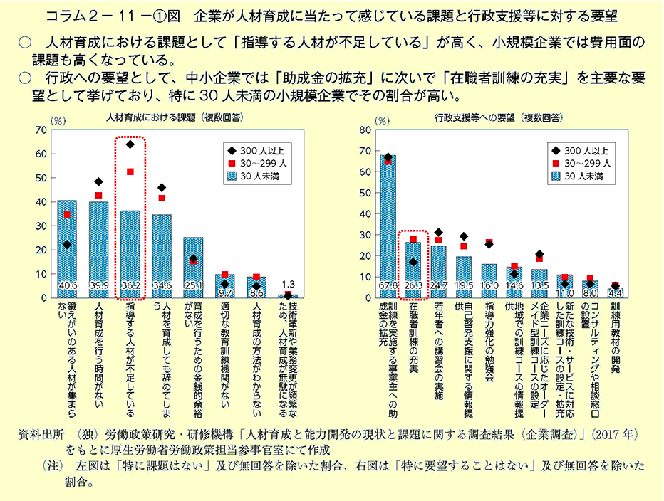 人材育成における課題として「指導する人材が不足してくる」が高く、小規模企業では費用面の課題も高くなっている。行政への要望として、中小企業では「助主要な要望として挙げており、特に30人未満の小規模企業でその割合が高い。