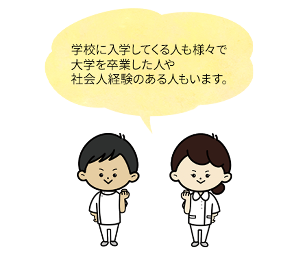学校に入学してくる人も様々で大学を卒業した人や社会人経験のある人もいます