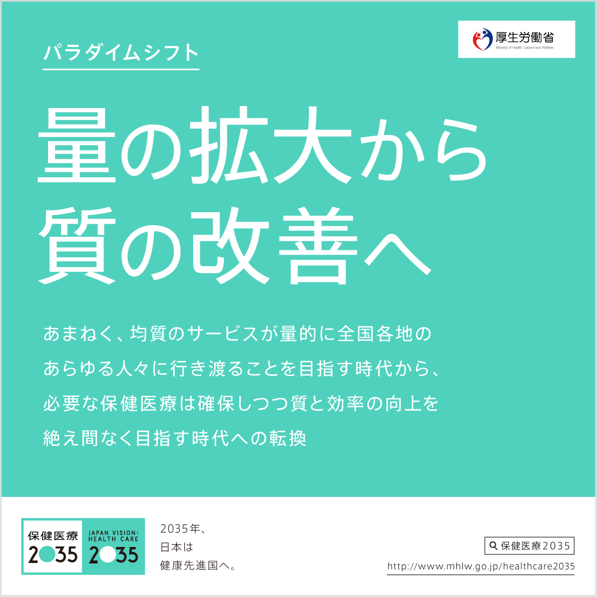 ２０３５提言まとめ
              
                ビジョン
              
                ２０３５年のわたしたち
              
                2035年に向けた主な課題
              
                新しい考え方への転換
              
                保健医療２０３５について