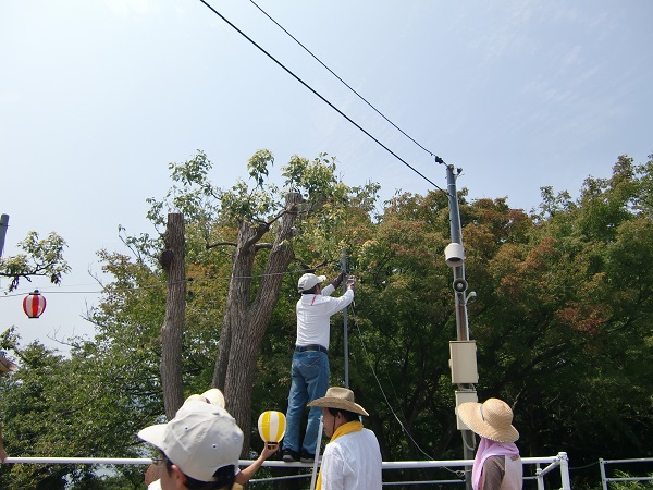 脚立に載っているのは入所者の方です。