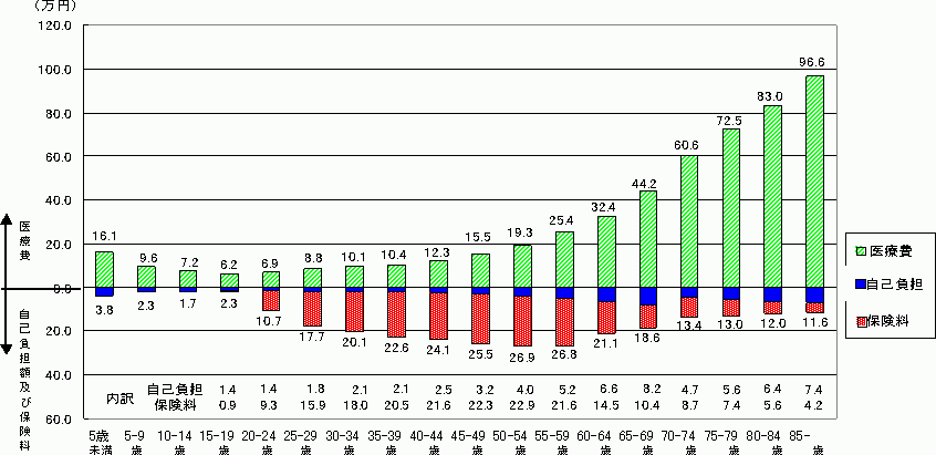 年齢階級別１人当たり医療費、自己負担額及び保険料の比較（年額）のグラフ