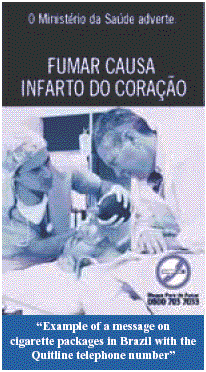 ブラジルの紙巻きたばこのパッケージに表示されている、禁煙相談の電話番号がついたメッセージの例の図