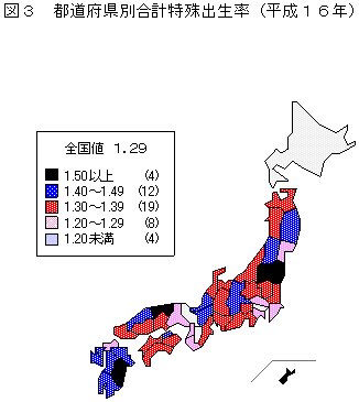 図３　都道府県別合計特殊出生率（平成１６年）