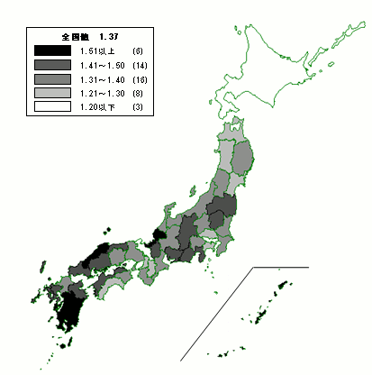 図３ 都道府県別合計特殊出生率（平成２０年）