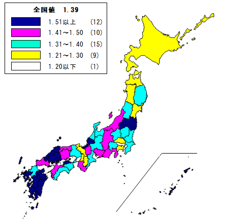 図３ 都道府県別合計特殊出生率（平成２２年）