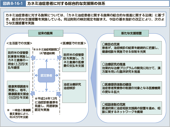 カネミ油症患者に対する施策については、「カネミ油症患者に関する施策の総合的な推進に関する法律」に基づき、総合的な支援措置を実施している。同法附則の検討規定を踏まえ、今回の基本指針の改正により、次のような支援措置を実施