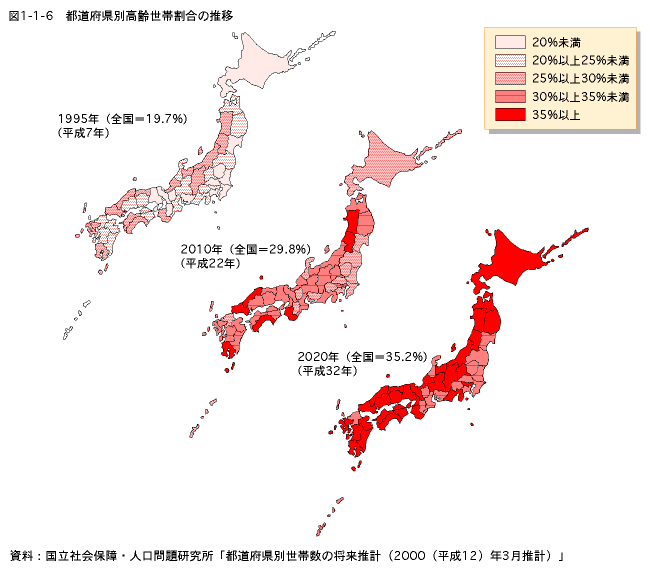 図1-1-6　都道府県別高齢世帯割合の推移