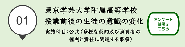 01東京学芸大学附属高等学校 授業前後の生徒の意識の変化 実施科目 公共(多様な契約及び消費者の権利と責任に関連する事項)アンケート結果はこちら