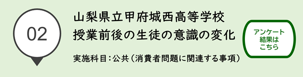 02山梨県立甲府城西高等学校 授業前後の生徒の意識の変化 実施科目 公共(消費者問題に関連する事項)アンケート結果はこちら